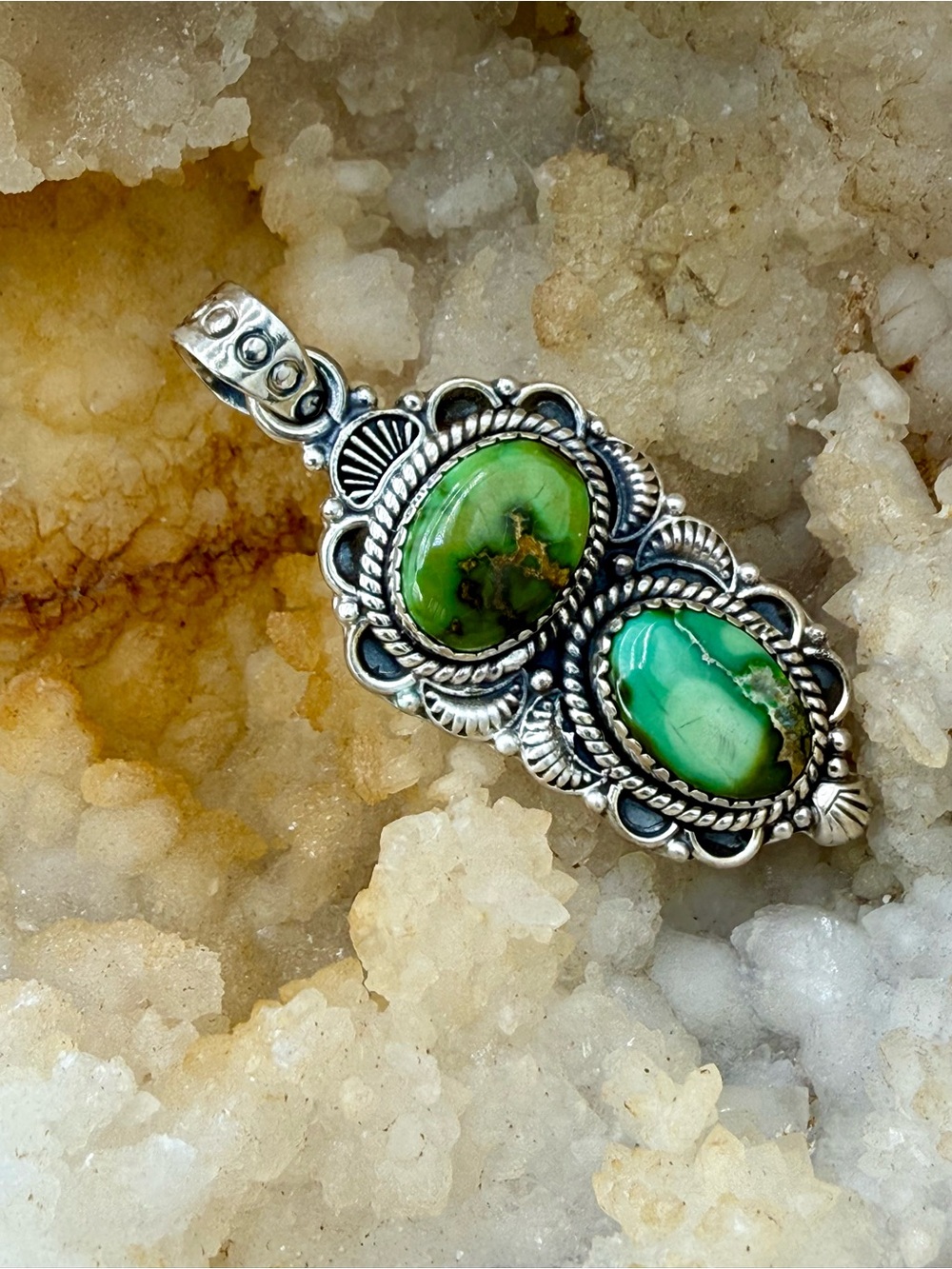Sterling Silver Double Green Turquoise Southwestern Pendant 2.5” Native American - Picture 14 of 15